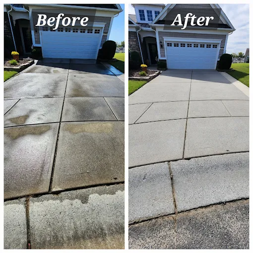 Before and after driveway pressure washing in Charlotte NC removing stains from concrete