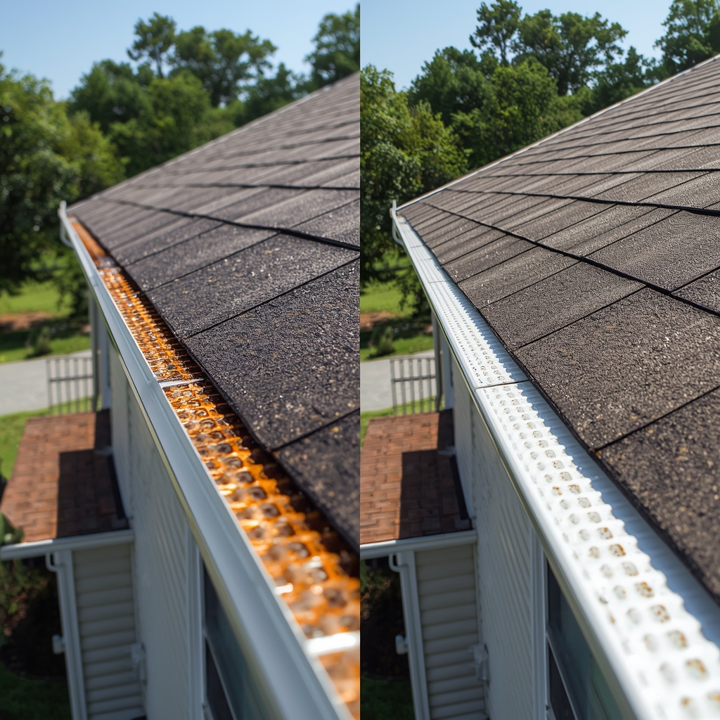 Before and after gutter brightening in Charlotte NC cleaning stained exterior gutters