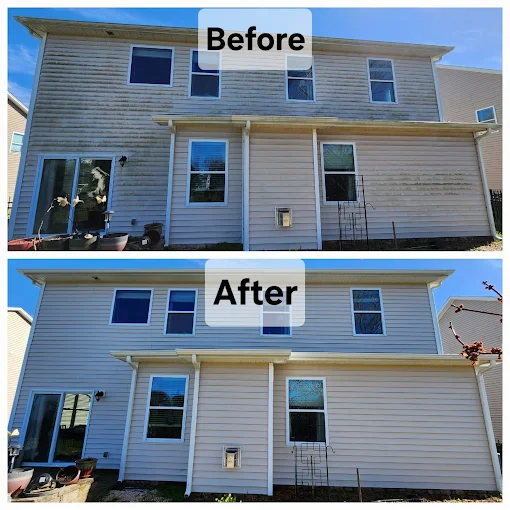 Before and after house washing in Charlotte NC restoring dirty siding to a clean finish